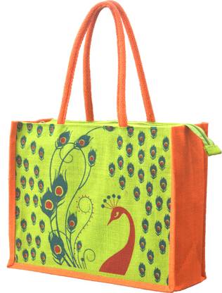 AGGDA Jute Shopping Grocery Bag Printed with Peacock and Feathers Medium Size with Long Cotton Rope Handle Women Tote Bag and Lunch Bag Waterproof Multipurpose Bag