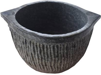 NatureLoC.com Kalchatti - Wide Based Stoneware, Traditional Stoneware, Stone Cookware Seasoned-Small Pot 14 cm diameter 1200 L capacity