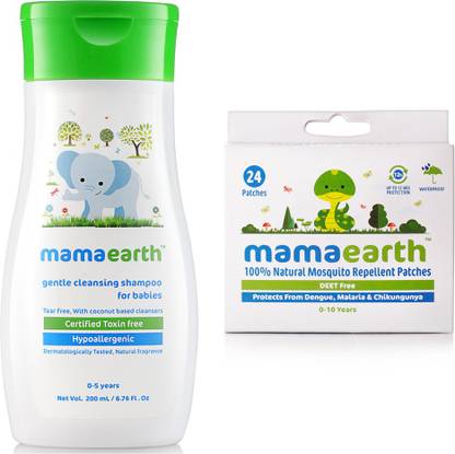 Mamaearth Gentle Cleansing Shampoo for babies (200 ml, 0-5 Yrs) änd Natural Repellent Mosquito Patches for Babies, 24 Patches