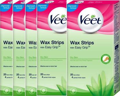Veet Full Body Waxing Kit, Easy-Gel wax Technology, Easier to Remove The shortest Hair, Dry Skin Aloe Vera & lotus Flower Fragrance , Combo Pack 20 X 5 = 100 Wax Strips