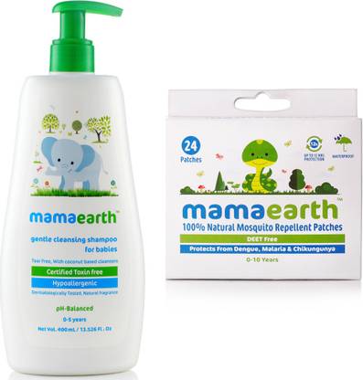 Mamaearth Gentle Cleansing Shampoo for babies (400 ml, 0-5 Yrs) änd Natural Repellent Mosquito Patches for Babies, 24 Patches
