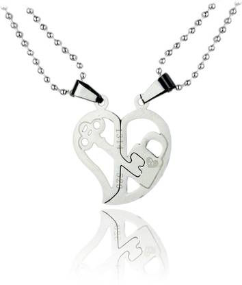 Waama Jewels Silver Key Lock Heart Shape 2 in 1 Love Couple Pendant Locket for Women and Girls Silver Brass Pendant Set