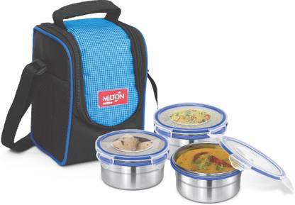 MILTON Steel Meal-3 Tall Lunch Pack with 3 Containers and Bag, Blue 3 Containers Lunch Box