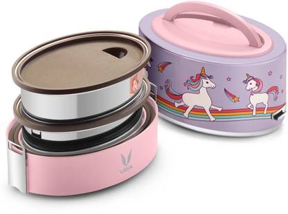Vaya Tyffyn Lyte 600 ml Unicorn Polished Stainless Steel Tiffin Box without BagMat (Two 300 ml Containers) - 2 Containers Lunch Box