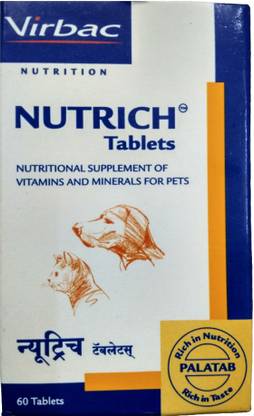 Virbac VB226 , NUTRICH 60 Tablets , Nutritional supplement of vitamins and minerals for maintain fertility and maintain fertility in breeding dogs , healthy growth in pups , appetite and general health , maintain healthy skin and coat , vitamin , nutrition , calcium , energy Pet Health Supplements