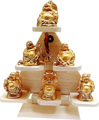 Purpledip Set of 6 Laughing Buddha on pyramid shaped stand Decorative Showpiece  -  8 cm