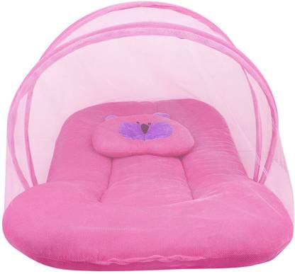Little Baby Bed with mosquito net for new born | Baby Pillow | Velvet | Foldable mattress | Pink Standard Crib