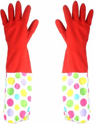 HOMIZE Kitchen Household Glove, Dishwashing Waterproof Full Hand Gloves, Red Wet and Dry Glove Set