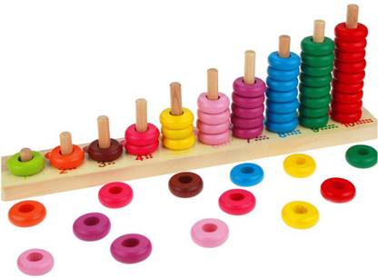 Shoppernation High Quality Wooden Counting Board Abacus Number Stacker- Mathematics Rainbow Ring Puzzle