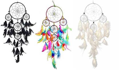 Vyne Combo Of 5 Ring Black , 5 Ring Multi , & 5 Ring White Color Dream Cather Wall Hanging For Home/Office Wool Dream Catcher
