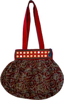 Lambani Embroidery Multi Colored Flower handbag with paisley print mirror border & Zip Enclosure Multipurpose Bag