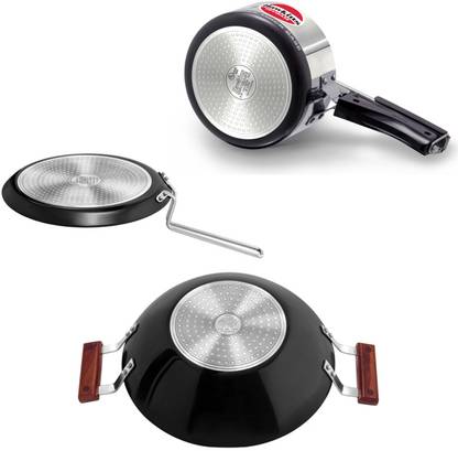 Hawkins Hevibase 2 Ltr Pressure Cooker, Futura Nonstick Tava 26 cm & Deep Fry Pan 2.5 Ltr - Induction Compatible Induction Bottom Non-Stick Coated Cookware Set