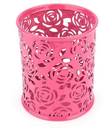 DEZIINE 1 Compartments METAL Flower Design Round Pencil Holder Desk Pen Containers Organizer Makeup Brush Holder Metal Pen Pot (Pink)
