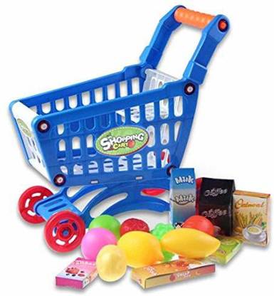 IndusBay SuperMarket Toy Shopping Cart Trolley with Pretend Food Fruits, Super market Kitchen Toys Playset with Grocery for Kids Girls - Blue