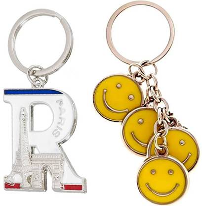 MGP FASHION Smiley Emoji Smiling Face Emoticon with Eiffel Tower Theme R Alphabet high Quality Metal best party gift keyring keychain combo Key Chain