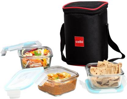 cello Lock-N-Fresh 3 Square Glass Container 320 ml Lunch Box , Clear 3 Containers Lunch Box