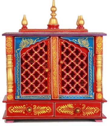 Marusthalee Pooja Mandir with door and Led Light Solid Wood Home Temple
