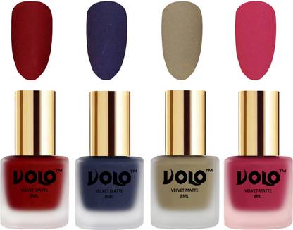 Volo Velvet Dull Matte Posh Shades Party Girl Range Nail Polish Sets Combo-No-166 Tomato Red, Sand Nude, Russian Navy Blue, Passion Pink