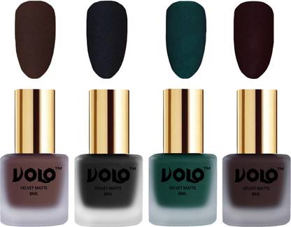 Volo Velvet Dull Matte Posh Shades Party Girl Range Nail Polish Sets Combo-No-196 Dark Wine, Dark Green, Black, Chocolate Brown