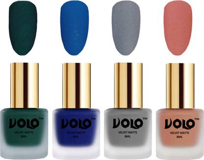Volo Velvet Dull Matte Posh Shades Party Girl Range Nail Polish Sets Combo-No-113 Dark Green, Light Peach, Blue, Grey