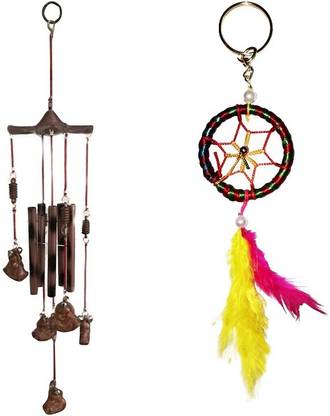 Ryme Combo Of Buddha 5 Pipes Wind Chime & Multi Color Dream Catcher Key Chain Decorative Showpiece  -  5 cm