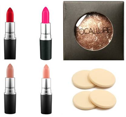 FOCALLURE spirea collection professional combo kit ( matte lipstick , baked highlighter and beauty blender sponge puff)