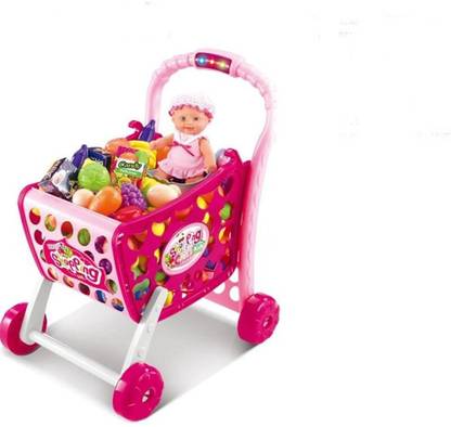 Smartcraft Shopping Cart with Baby Carrier, Pretend Play Kids Shopping Cart with Music and Lights