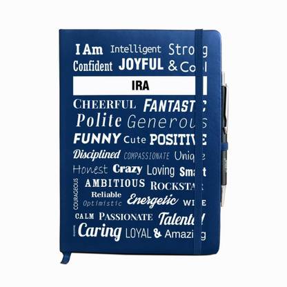 Huppme Personalized name IRA blue notebook diary with pen - 240 pages, 8 x 6 inches A5 Gift Set Single Rule 240 Pages
