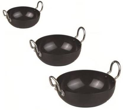 Shoppernation Set Of 3 Mini Tadka Kadai Frying Kadai Pan (5", 4.4", 4") Kadhai 14 cm diameter 0.2 L capacity
