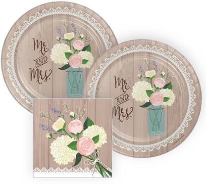 पेपर आर्ट Rustic Wedding Bridal Shower Paper Plates And Napkins 16 Servings Bundle: 3 Items
