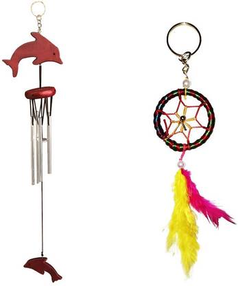 Vyne Combo Of Dolphin Fish Wind Chime & Multi Color Dream Catcher Key Chain Brass Dream Catcher