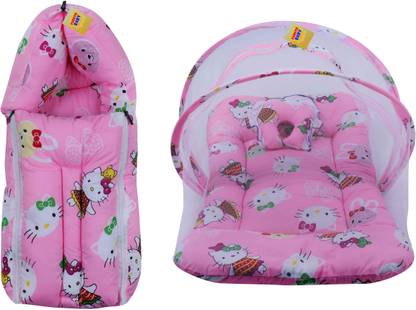 Fareto New Born Baby Cat Print Mattress with Mosquito Net & Sleeping Bag Combo (0-6 Months) Baby Bed Printed Pink