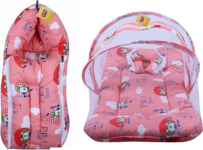 Fareto New Born Baby Cat Print Mattress with Mosquito Net & Sleeping Bag Combo (0-6 Months) Baby Bed Printed Peach