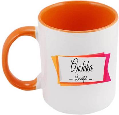 जूविक्ज़ Printed Anshika Name & Meaning Inside Orange & Handle Orange Ceramic Coffee सिरेमिक मग