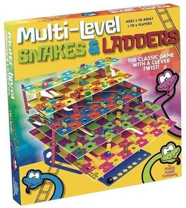 BT Multi-Level Snakes & Ladders - a colorful modern take on a classic game. Land on a ladder to climb levels, or a snake and slide through tunnels to a lower level. Fun family game with 5 unique levels!