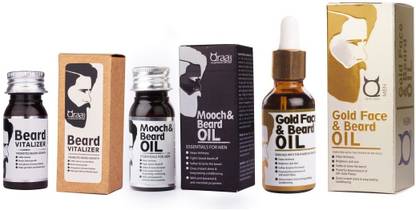 Qraa Men Mooch & Beard Oil 30ml + Beard Vitalizer-For Beard Growth30Ml + Gold Face And Beard Oil 30ml