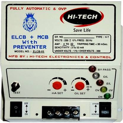 HI-TECH SINGLE PHASE ELCB+ADJUSTABLE OVERLOAD +OVP (OVER VOLTAGE PROTECTION),OVERLOAD PROTECTION,ADJUSTABLE LEAKAGE CURRENT 3 TO 50 mA (SHOCK GUARD) ELCB-05 MCB