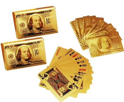 Royalkart Playing Cards Gold 24 K Gold Cards Foil Plated Good Quality Waterproof USD Golden Cards 100 Dollar Poker Playing Cards Plastic Deck Playing Card (Set of 2)