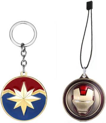 LADY HAWK - Avengers 2 Pcs Set - Iron Man Rotating Brass Colour Baggage Luggage Backpack Tag & Captain Gold Logo Imported Key Ring Key Chain