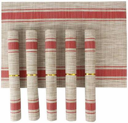 MONKDECOR Strip Design Rectangular Pack of 6 Table Placemats (Red, PVC) Rectangular Pack of 6 Table Placemat