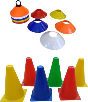 Foricx Combo of 12-Pieces 6-inch Marker Cone and 50 Saucer Cones with Plastic Stand (Multicolour), Cone for Sports, Football Cones, for Marking and Tracking Football Kit