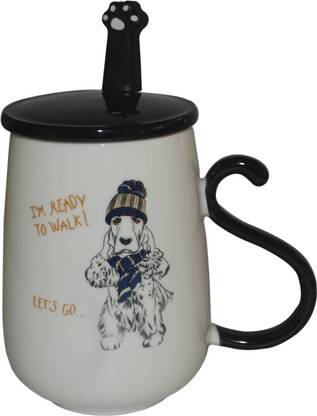 AARIHANT'S The Value Store Designer White color dog print Ceramic Coffee/Milk mug/soup mug/juice with ceramic Lid and designer steel spoon -1Pcs 425ml Ceramic Coffee Mug