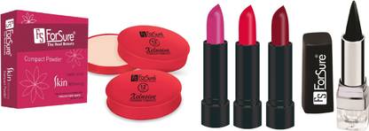 ForSure Compact Powder Xclusive 12 Hour Stay, Kajal and Pack of 3 Forfor Matte Lipstick (Colour - Dark Pink, Mahroon, Pink)