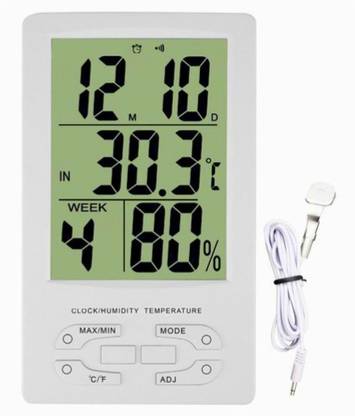 Divinext New Arrival 3.5”x2.5” inch Large LCD Display Digital Hygrometer, Thermometer, Indoor-Outdoor Temperature, Indoor Humidity, Alarm, Clock, Calendar, MAX/MIN Function with Wired Probe Sensor Cable Electronic Temperature Gauge TA 298/RT 905 Digital Humidity Meter Digital Thermometer