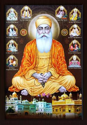 GANPATI EXPORT GURU NANAK DEV JI INK PRINT PAINTING WITH BROWN PHOTO FRAME Religious Frame