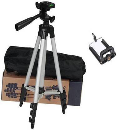Mob Fest Adjustable Aluminium Lightweight Camera Stand Tripod-3110 With Three-Dimensional Head & Quick Release Plate For Video Cameras and mobile clip holder for Mobiles & Smartphones Tripod (Silver, Black, Supports Up to 1500 g) Tripod