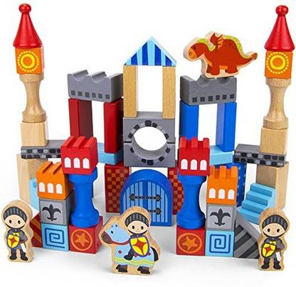 Imagination Generation Heroic Knights Wooden Castle Building Blocks 50-Piece Medieval Play Toy Set In Storage Drum