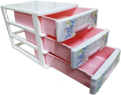 Vihaa 3 Compartments Plastic Drawer | Desk Organizer | 3 Compartment Multipurpose Storage Box | Table Top Organizer | Utility Drawers | Jewelry & Makeup Organizer, Pink