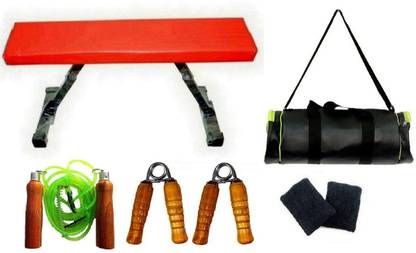 SPANCO Flat Folding Bench + Skipping Rope + Hand Gripper + Duffle Bag + Wristband Home Gym Combo
