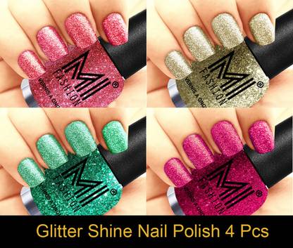 MI FASHION Platinum Collection 12 ml each Set of 4 Glitter High Shine Long Lasting Nail Polish Colors at Your Fingertips Combo No-18 Pink, Silver Gold, Radium, Magenta